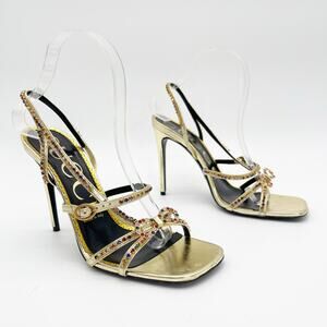 Gucci Carmen Crystal Embellished Gold Leather Bow High Heel Sandals EU 38.5